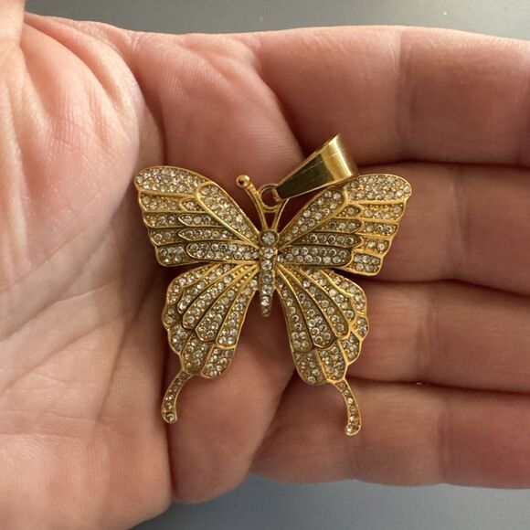 Butterfly Gold Tone Pendant Necklace Stainless Steel Gift Her Cubic Zirconia - Picture 4 of 6